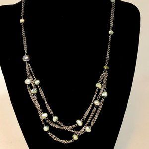 Green Cultured Pearl/Bead, Layered Chain Necklace